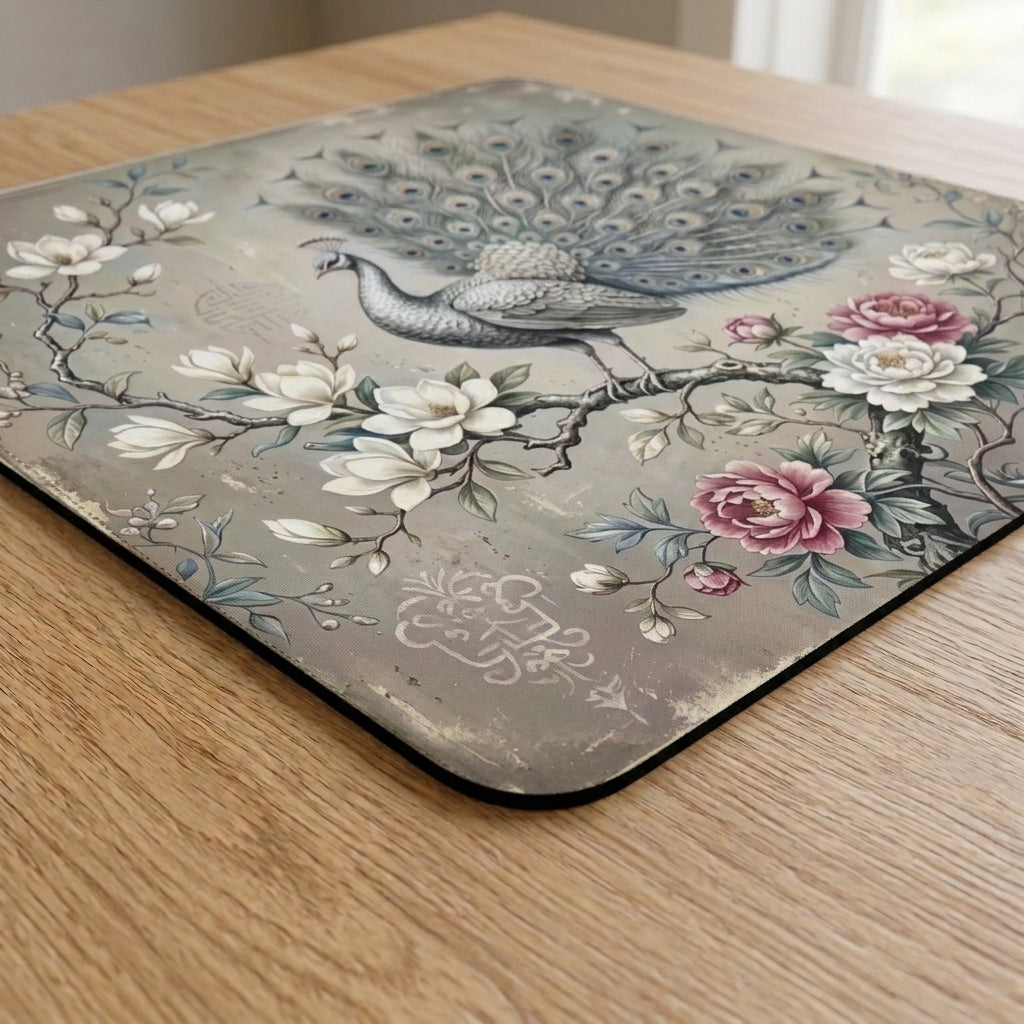Silver Peacock Mahjong Mat — Antique Grey