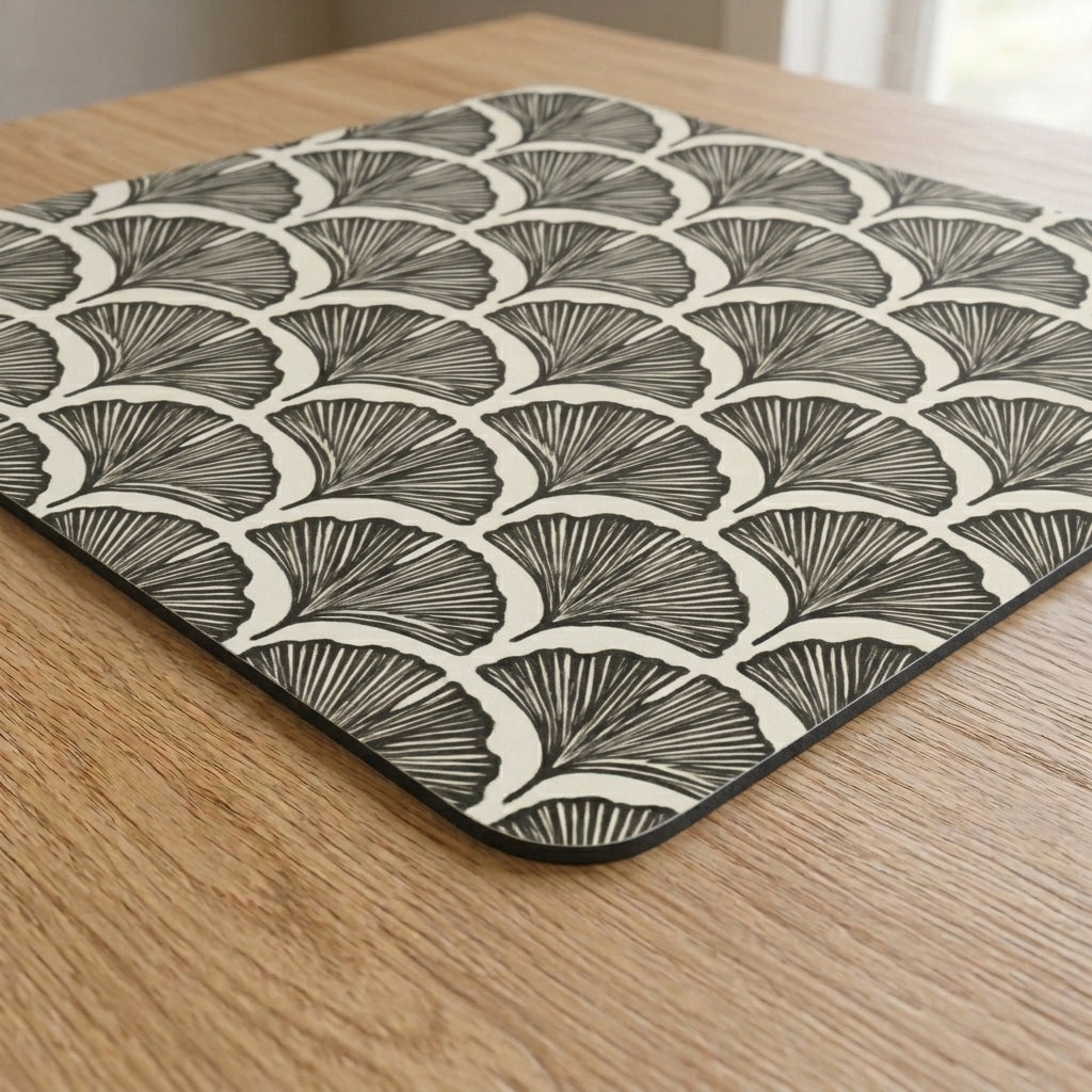 Ginkgo Fan Mahjong Mat — Black & Cream