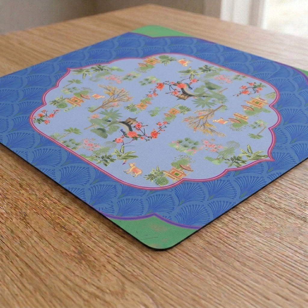 Pagoda Garden Mahjong Mat — Blue & Green