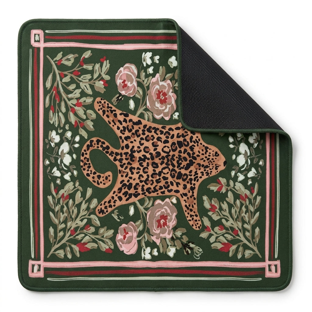 Leopard & Roses Mahjong Mat — Forest Green