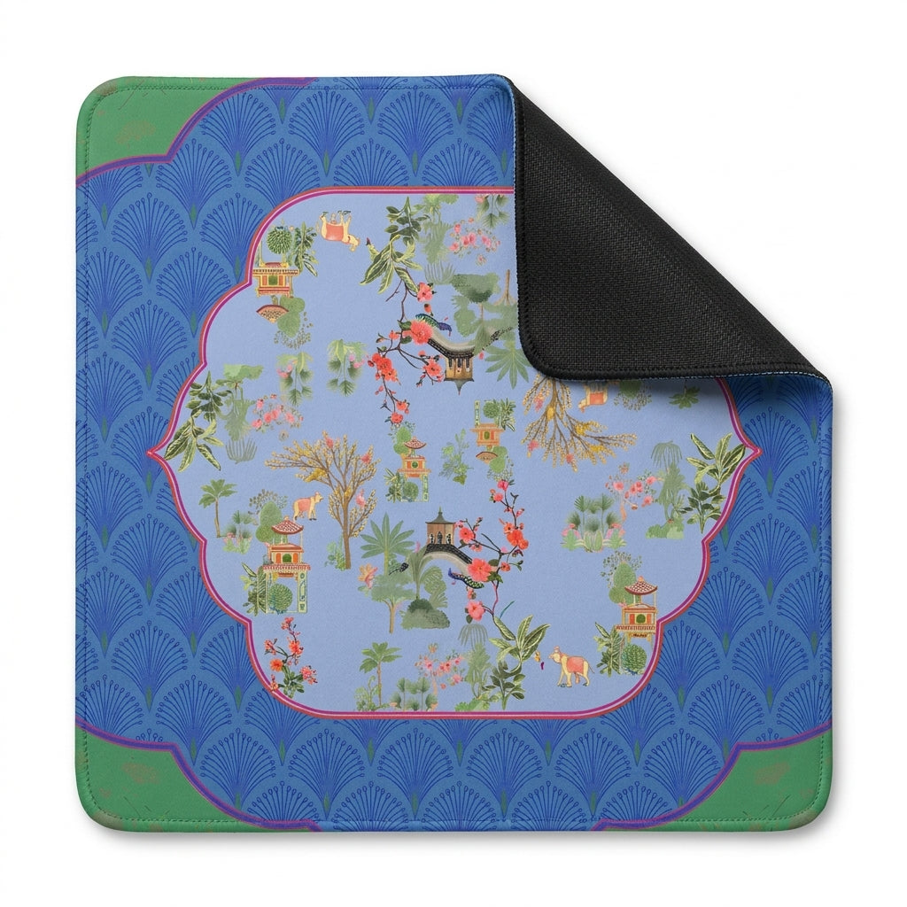 Pagoda Garden Mahjong Mat — Blue & Green