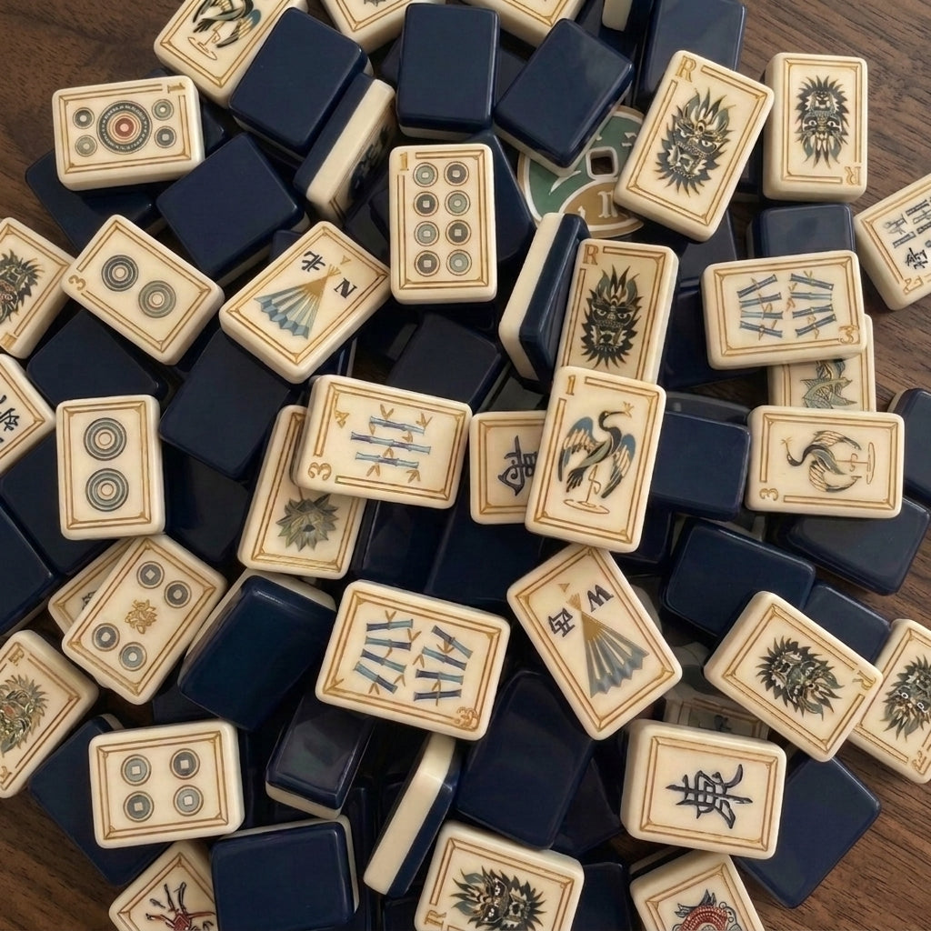 Blue Crane Mahjong Tile — Ivory & Gold