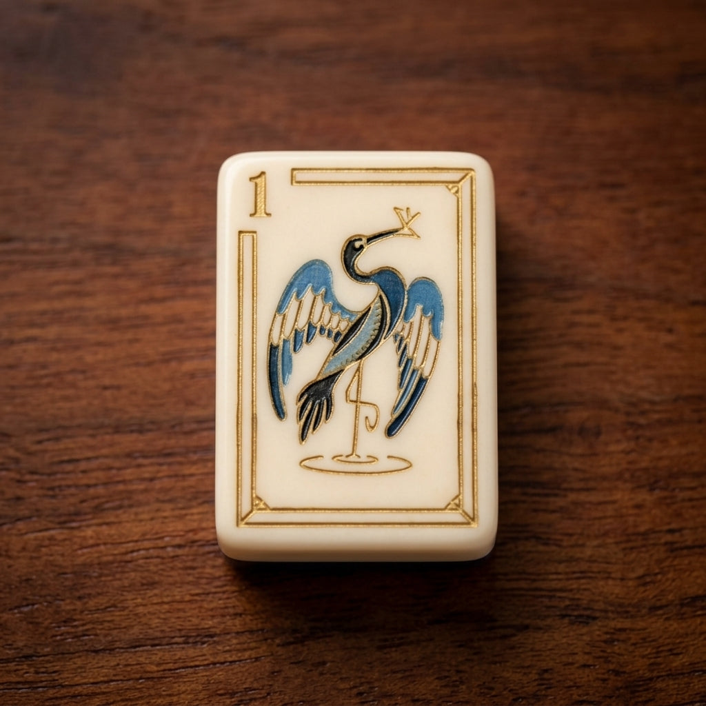 Blue Crane Mahjong Tile — Ivory & Gold