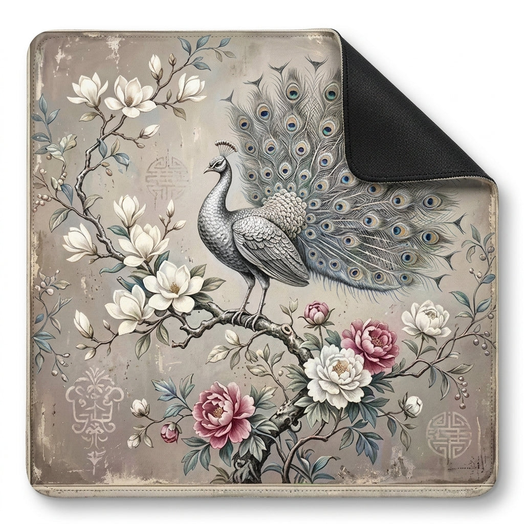 Silver Peacock Mahjong Mat — Antique Grey