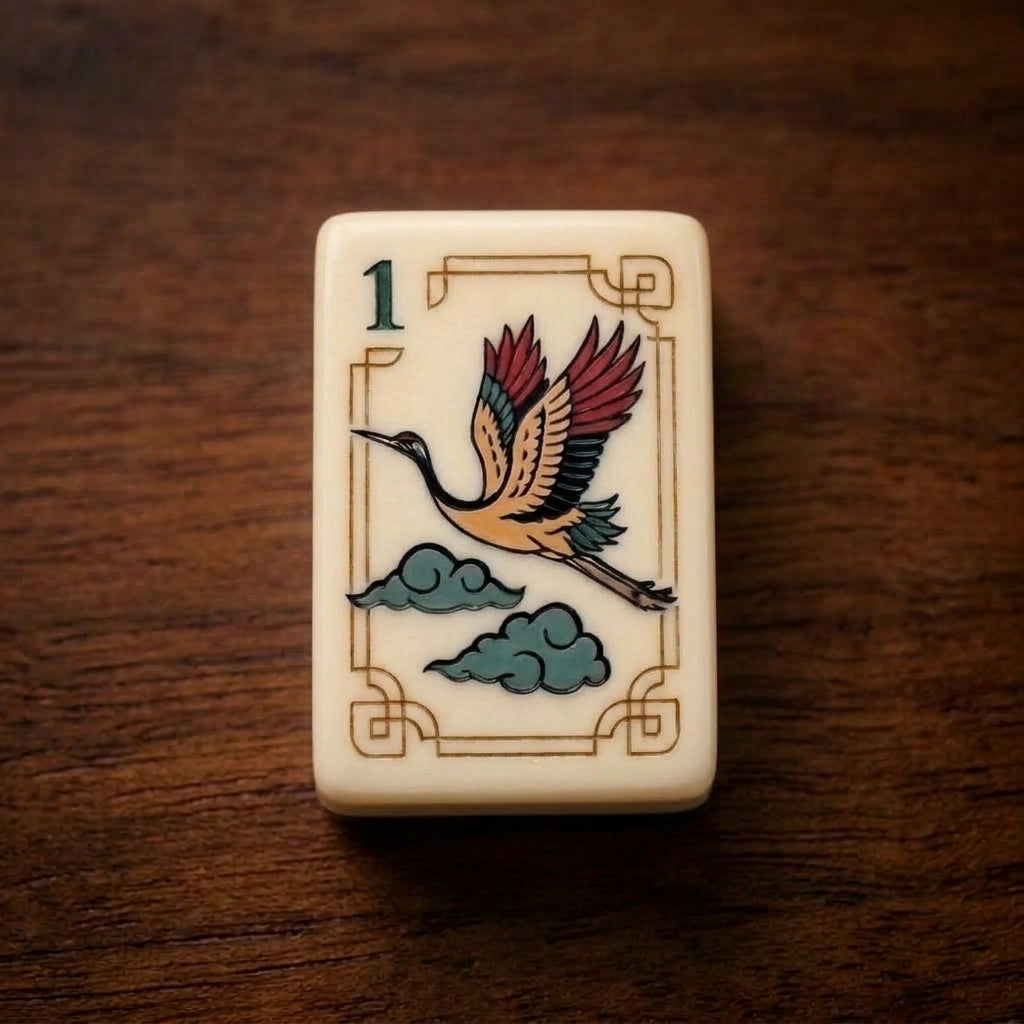 Crane & Cloud Mahjong Set — Ivory Tiles with Olive Backs
