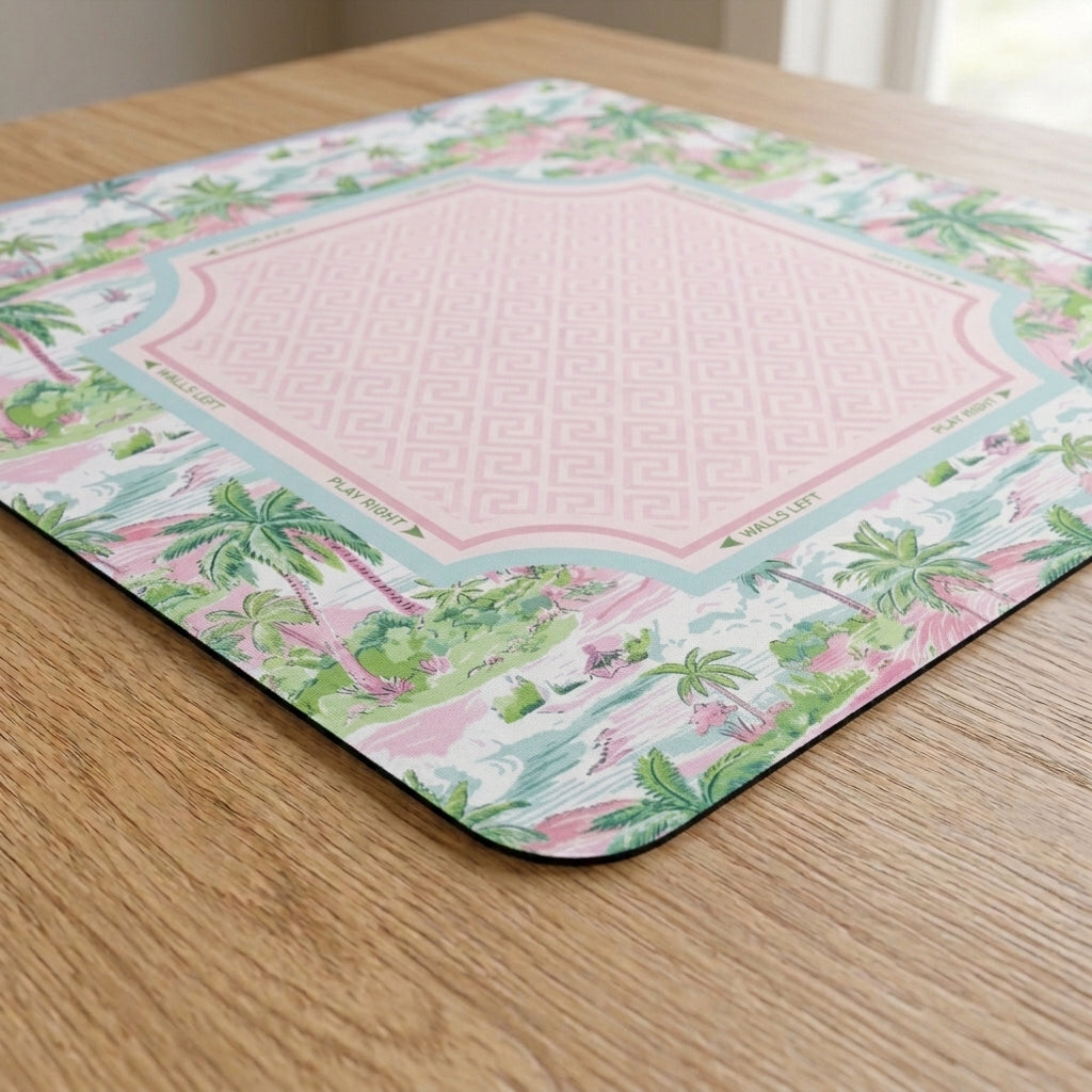 Palm Toile Mahjong Mat — Pink & Green