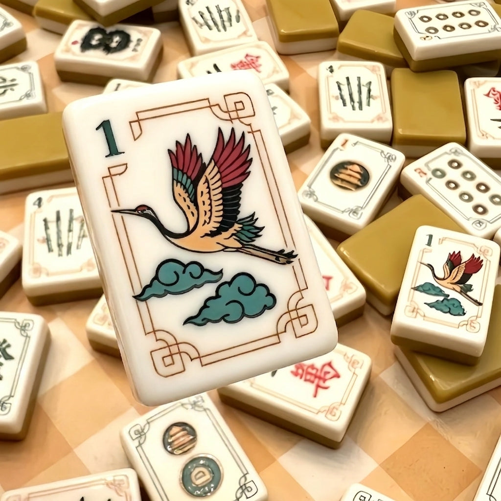Crane & Cloud Mahjong Set — Ivory Tiles with Olive Backs